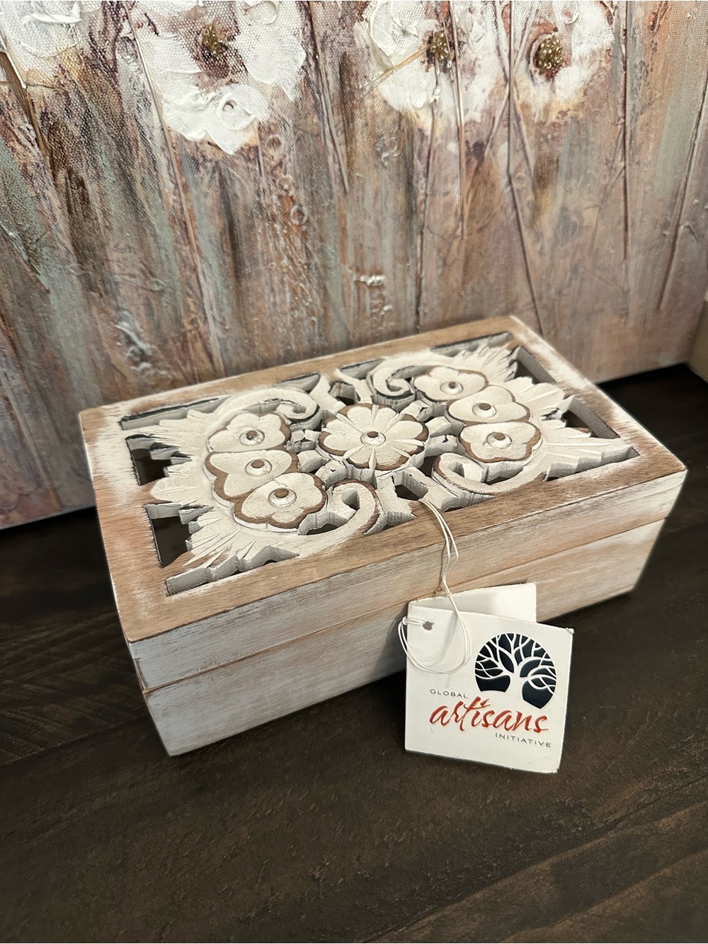 Global Artisans Boho Carved Wooden Box Distressed White Natural